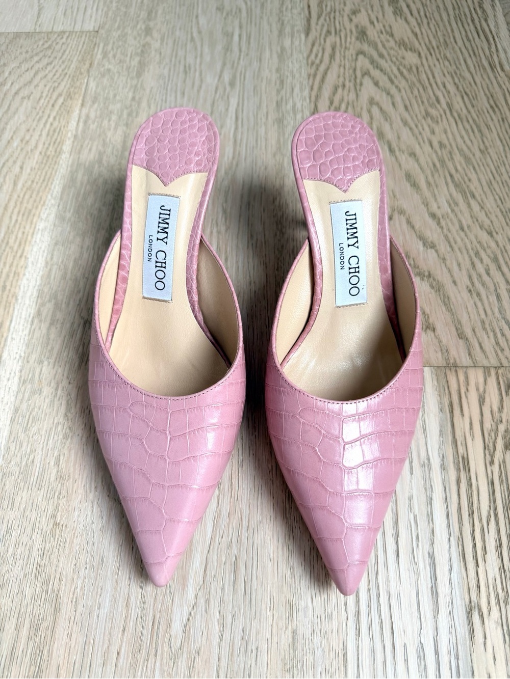 Jimmy Choo Pink Croc-Embossed Pointed Mules
